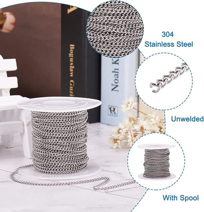 Pandahall 32.8 Feet 304 Stainless Steel Curb Chains 2.7x2x0.5mm Metal Link Chain Unwelded Jewelry Chains for DIY Bracelet Necklace Jewelry Making