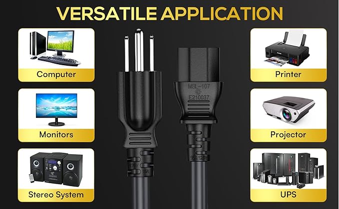 CableLeader 6ft 18 AWG Universal Power Cord IEC320 C13 to NEMA 5-15P, Extension Power Cord, Compatible with Computers, Monitors, Printers  TVs, White