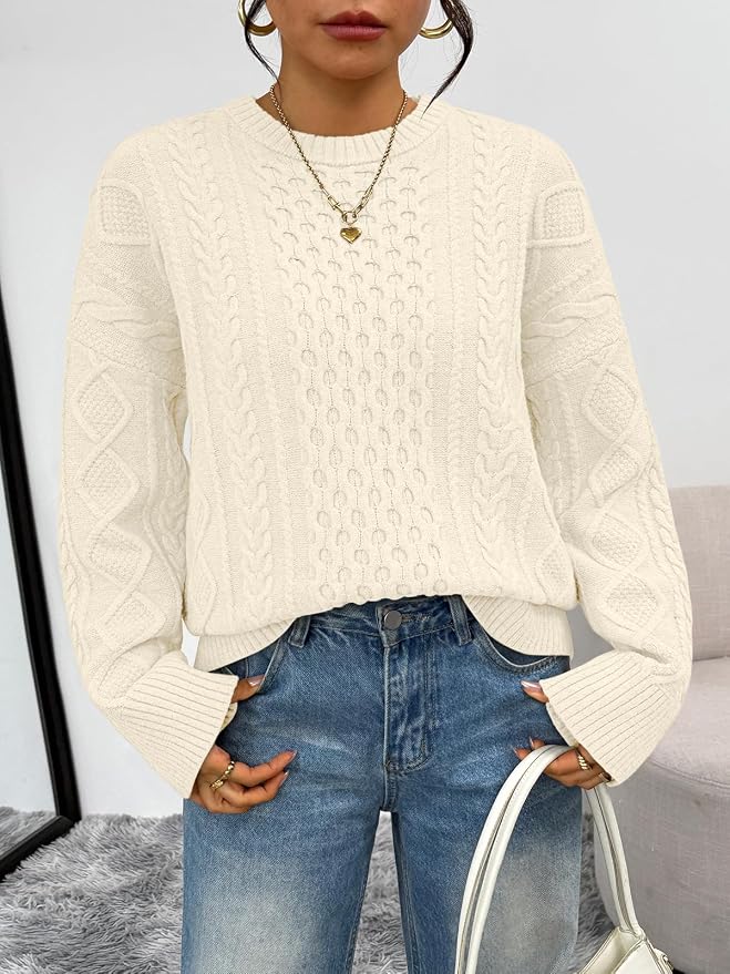 Trendy Queen Womens Oversized Cable Knit Sweaters 2026 Fall Fashion Outfits | Crewneck Fall Fashion Clothes Winter Clothing, Chunky Knit Texture, Cute Holiday Outfit Pullover Tops, Easy Layering Piece