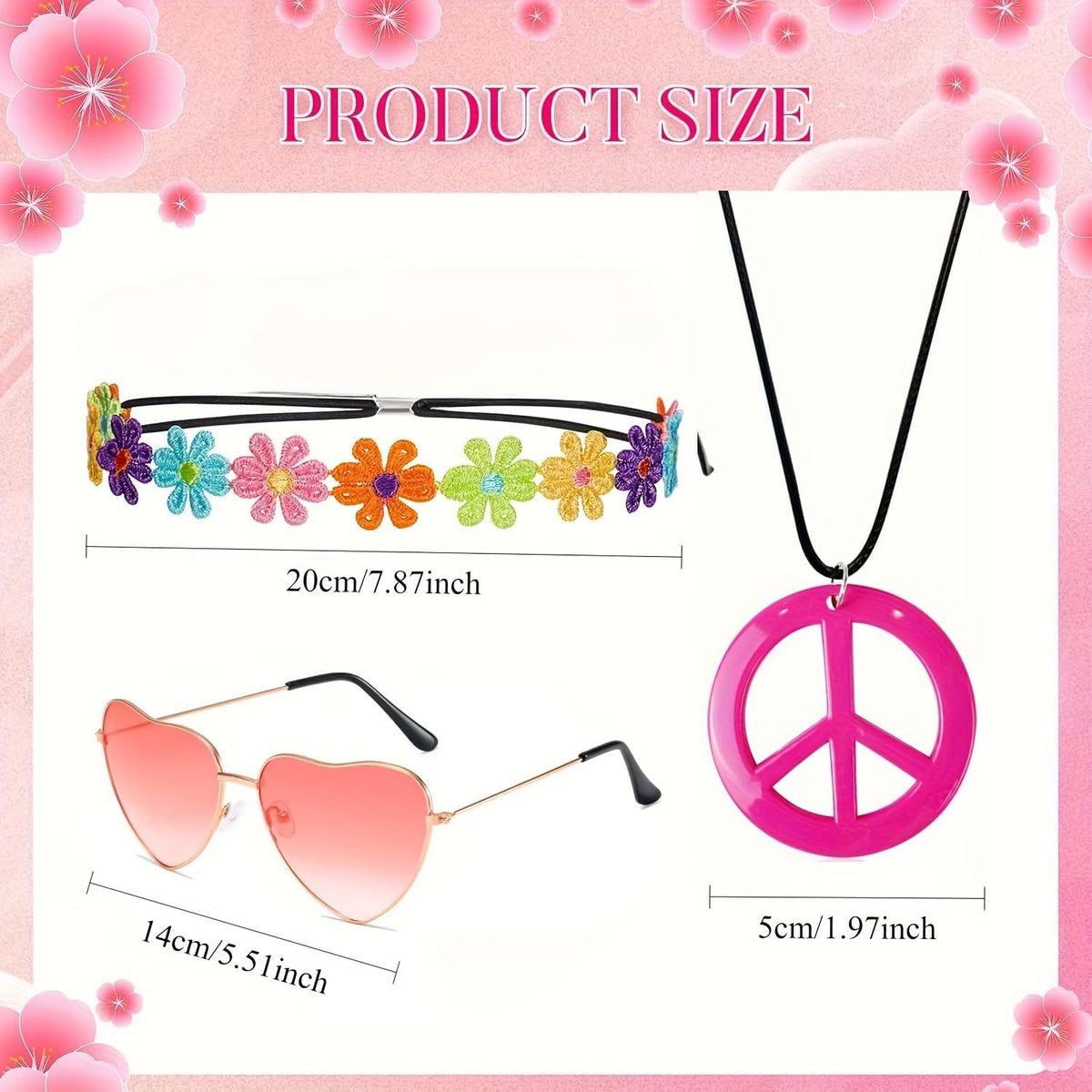 4Pcs Hippie Costume & 70s Retro Outfit Accessories for Women with Flower Headband & Peace Sign Necklace-earing for Halloween & Dress Up