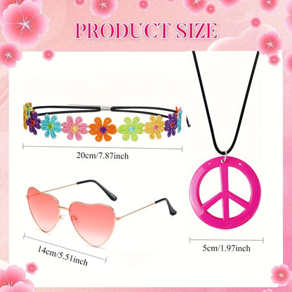 4Pcs Hippie Costume & 70s Retro Outfit Accessories for Women with Flower Headband & Peace Sign Necklace-earing for Halloween & Dress Up