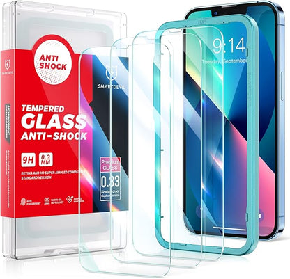 SMARTDEVIL 3 Pack Screen Protector for iPhone 14iPhone 13  iPhone 13 Pro(6.1 Inch), Easy Installation Frame10X Military Grade Shatterproof HD Bubble Free Diamonds Hard Tempered Glass