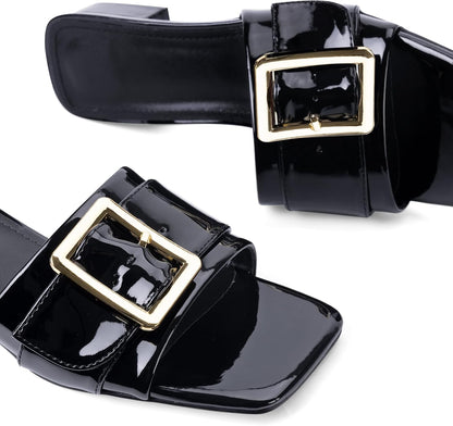Women's Slide Heeled Sandals Opened Square Toe Chunky Block Heel Slippers with Buckle Slip on Casual Comfortable Pumps