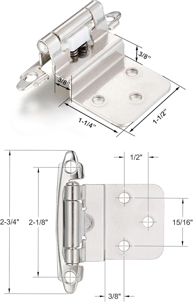 4 Pack (2 Pair) 3/8" Inset Brushed Satin Nickel Self Closing Cabinet Hinges for Offset Kitchen Cabinet Door, Face Frame Semi Concealed Kitchen Cabinet Hinges