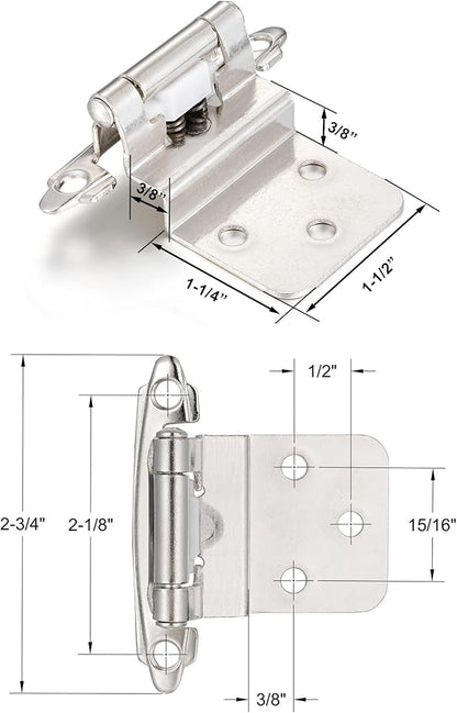 4 Pack (2 Pair) 3/8" Inset Brushed Satin Nickel Self Closing Cabinet Hinges for Offset Kitchen Cabinet Door, Face Frame Semi Concealed Kitchen Cabinet Hinges