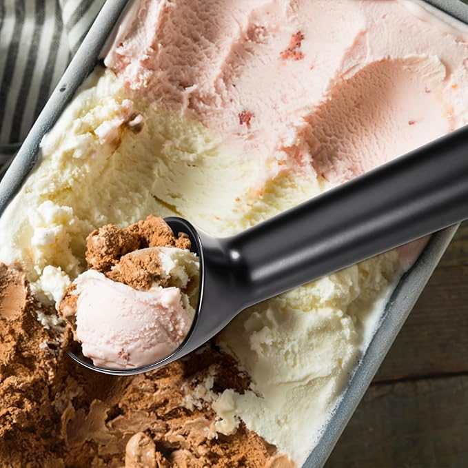 Pimoys 2.5oz Large Ice Cream Scoop 7 inches Nonstick Anti-Freeze Metal Ice Cream Scooper Professional Aluminum Icecream Scoop Spoon, Black