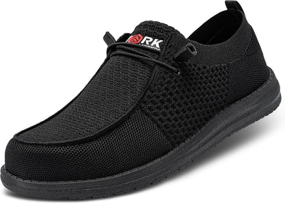 Lightweight, steel-toe slip-on shoes from LARNMERN, comfortable and protective for work or everyday wear.