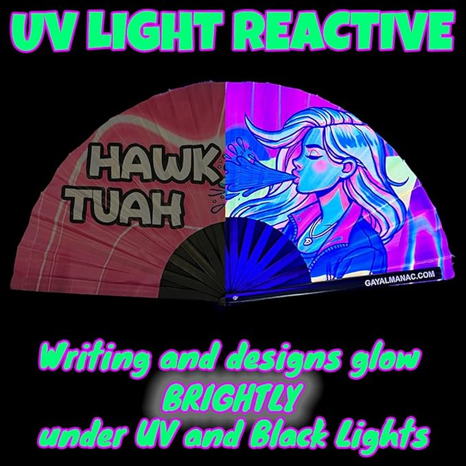 PandaTak Gay Pride Folding Hand Fans, Funny Large 13" Bamboo Fan with UV Reactive Ink, for LGBTQ Circuit Parties EDM Festivals and Raves (Hawk Tuah)