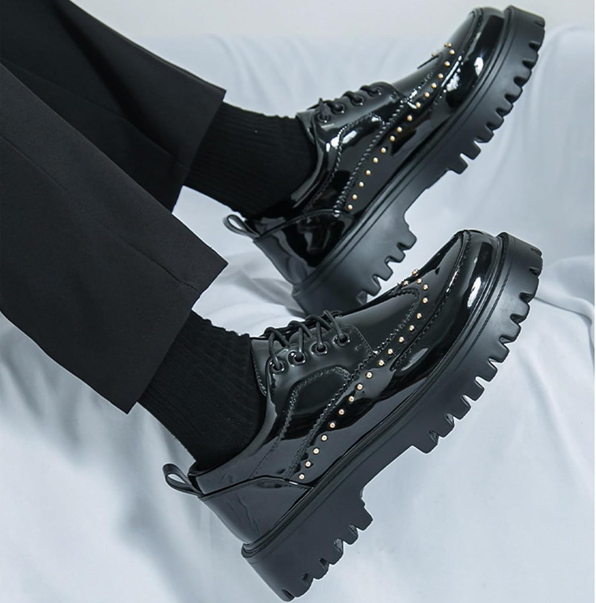 Men's Patent Leather Platform Dress Shoes Classic Round Toe Thick Lug Sole Lace Up Oxfords Comfort Block Heel Derby Business Casual Shoes .