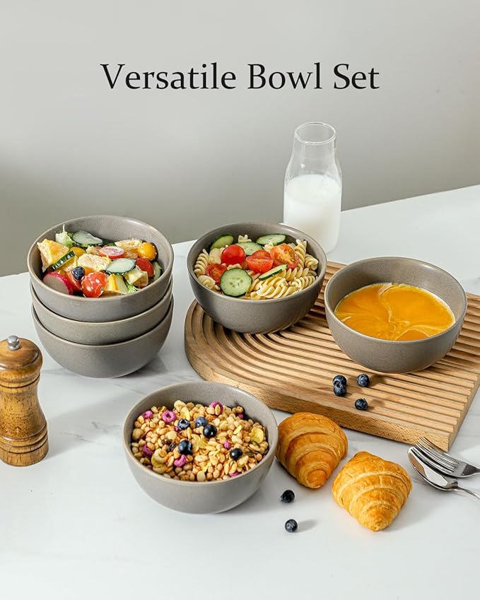 Soup Bowls Set of 6, 24 oz Cereal Bowls for Kitchen, Ceramic Bowls Set for Pasta, Ramen, Oatmeal, Dessert, Stoneware Bowls Set for Gift, Dishwasher Microwave Oven Safe, Matte Gray