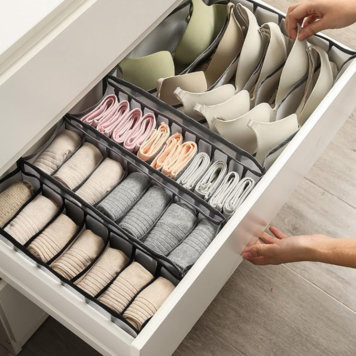 Underwear Storage Organizer, 7-Compartment Foldable Drawer Divider for Home, Closet, and Travel Use, Mesh Fabric Underwear Organizer Box (Black)