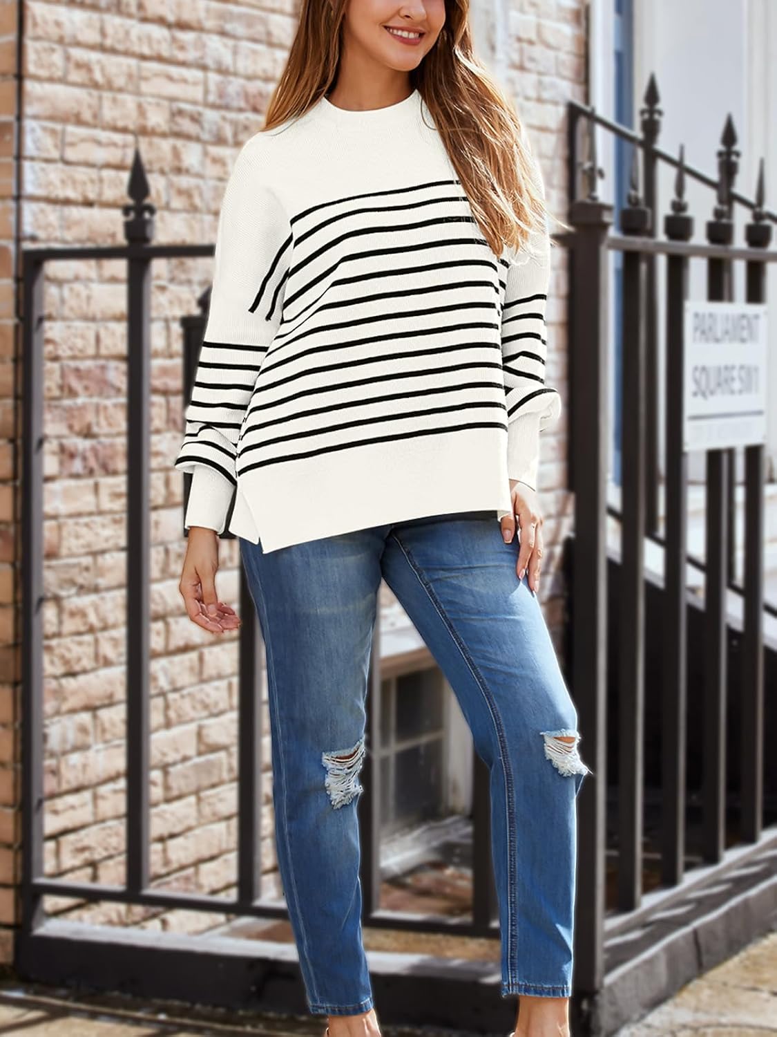 Women's Oversized Batwing Sweaters 2026 Fall Outfits Trendy Crewneck Knit Side Slit Fashion Pullover Tops