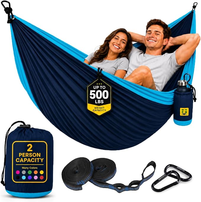 Durable Hammock 500 lb Capacity, Nylon Camping Hammock Chair - Double or Single Sizes w/Tree Straps and Attached Carry Bag - Portable for Travel/Backpacking/Beach/Backyard (Large, Blue & Light Blue)