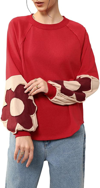 BEAUDRM Women's Oversized Sweatshirt Boho Tops Patchwork Crewneck Sweatshirt Floral Long Sleeve Pullover Tops
