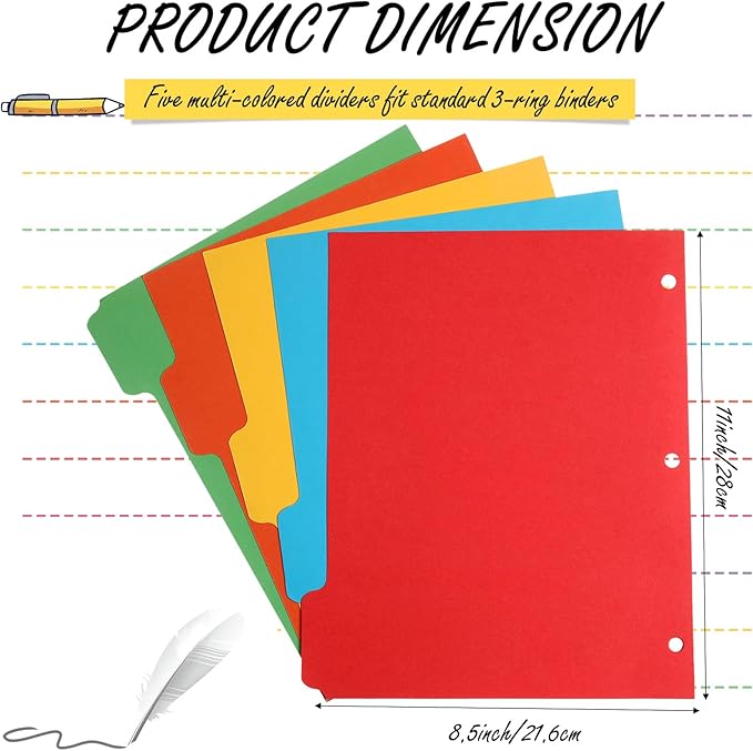 Harloon 250 Dividers Blank Writing on Binder Dividers 3 Hole Punch Dividers 1/5 Cut Tabs Heavyweight Letter Size Ring Binder Dividers 50 Sets for Project Class Presentation (Colorful)