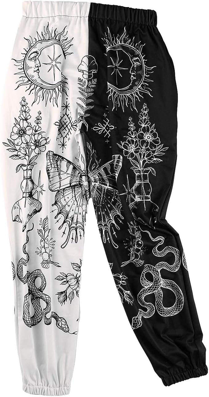 Women Printed Baggy Sweatpants Pockets High Waist Joggers Pants Contrast Color Sporty Athletic Lounge Trousers
