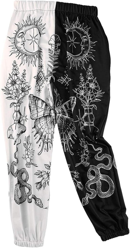 Women Printed Baggy Sweatpants Pockets High Waist Joggers Pants Contrast Color Sporty Athletic Lounge Trousers