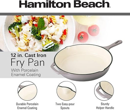 Hamilton Beach Enameled Cast Iron Fry Pan 12-Inch Gray, Cream Enamel coating, Skillet Pan For Stove top and Oven, Even Heat Distribution, Safe Up to 400 Degrees, Durable