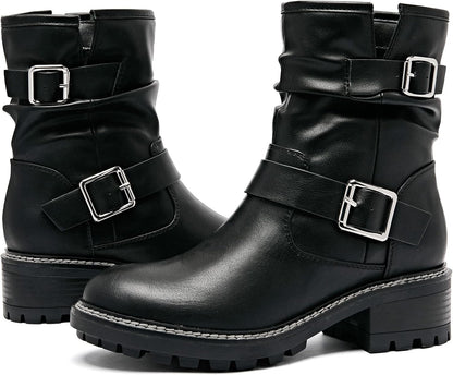 Ruiee Ankle Boots for Women Combat Boots Low Heel Short Booties Round Toe Side Zipper Womens Boots.