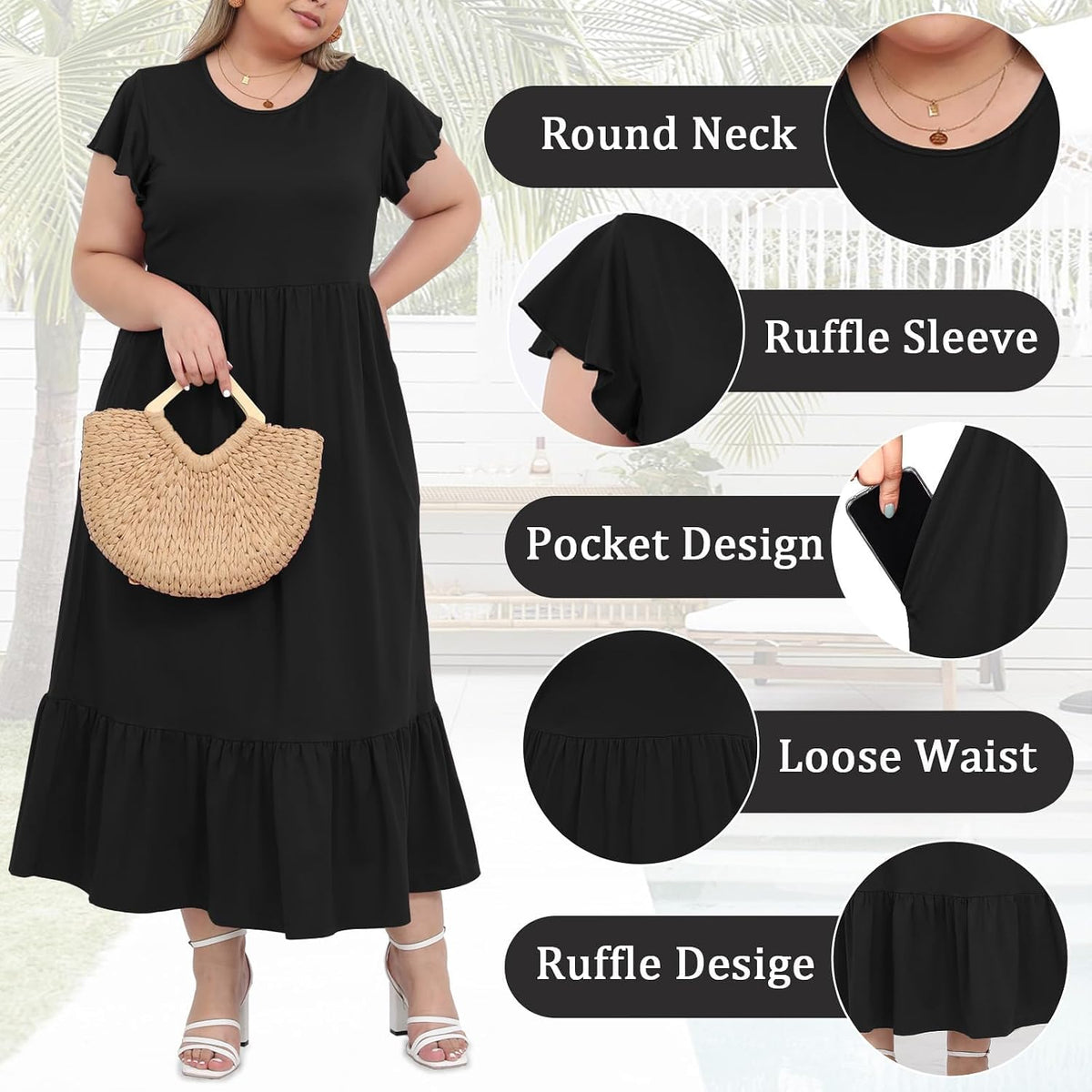 Women's Plus Size Maxi Dress Crew Neck Ruffle Short Sleeve Summer Casual Dresses with Pockets Floral Long Dress