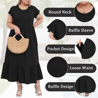 Women's Plus Size Maxi Dress Crew Neck Ruffle Short Sleeve Summer Casual Dresses with Pockets Floral Long Dress