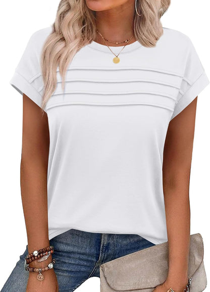 WEESO Womens Summer Tops Trendy 2026 Cap Sleeve T Shirts Crew Neck Pleated Front Beach Vacation Clothes Fashion.