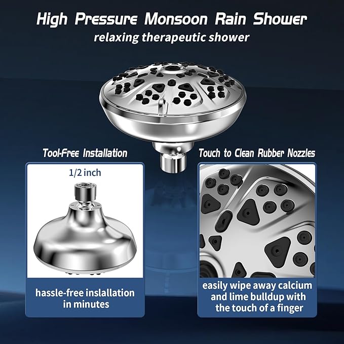 10-Mode High Pressure Shower Head Fixed Showerhead, Anti-Clogging Silicone Nozzles-Premium Quality Luxury Design(Luxury Polished Chrome) - 1-Min Install Easy Clean Adjustable Angles