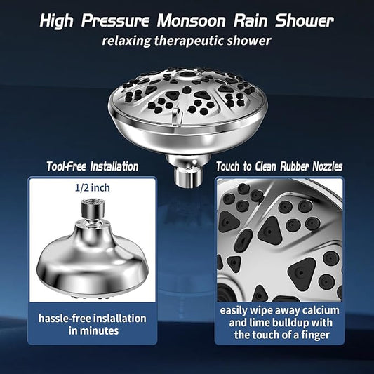 10-Mode High Pressure Shower Head Fixed Showerhead, Anti-Clogging Silicone Nozzles-Premium Quality Luxury Design(Luxury Polished Chrome) - 1-Min Install Easy Clean Adjustable Angles