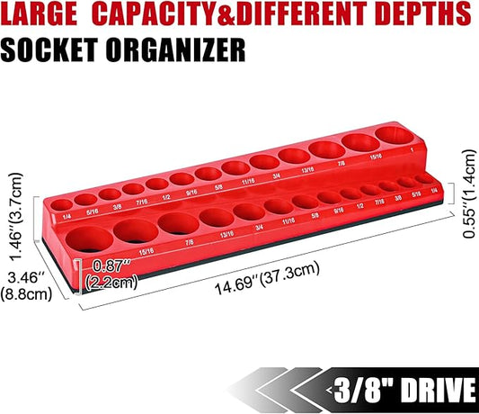 Magnetic Socket Organizer 2-Piece Magnetic Socket Holder 38 Inch Drive Metric SAE Trays Tool Storage Set Magnet Rail Holds 56 Sockets for Tool Box Drawer