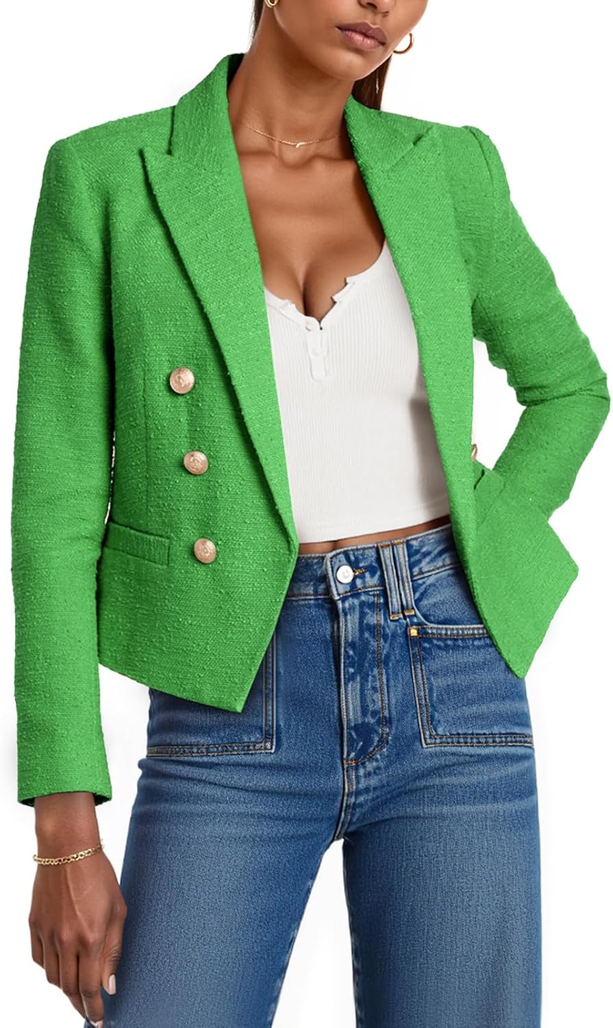 Cicy Bell Women Cropped Tweed Blazer Jackets Lapel Open Front Long Sleeve Business Suit Jackets with Pocket