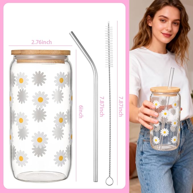 ANABIUP Cute Glass Cups with Lid, Daisy Flower Iced Coffee Smoothie Matcha Cup Tumbler Birthday Gifts for Women Sister Friend Her Preppy Teenage Girls Teen Girl Gifts Trendy Stuff Things