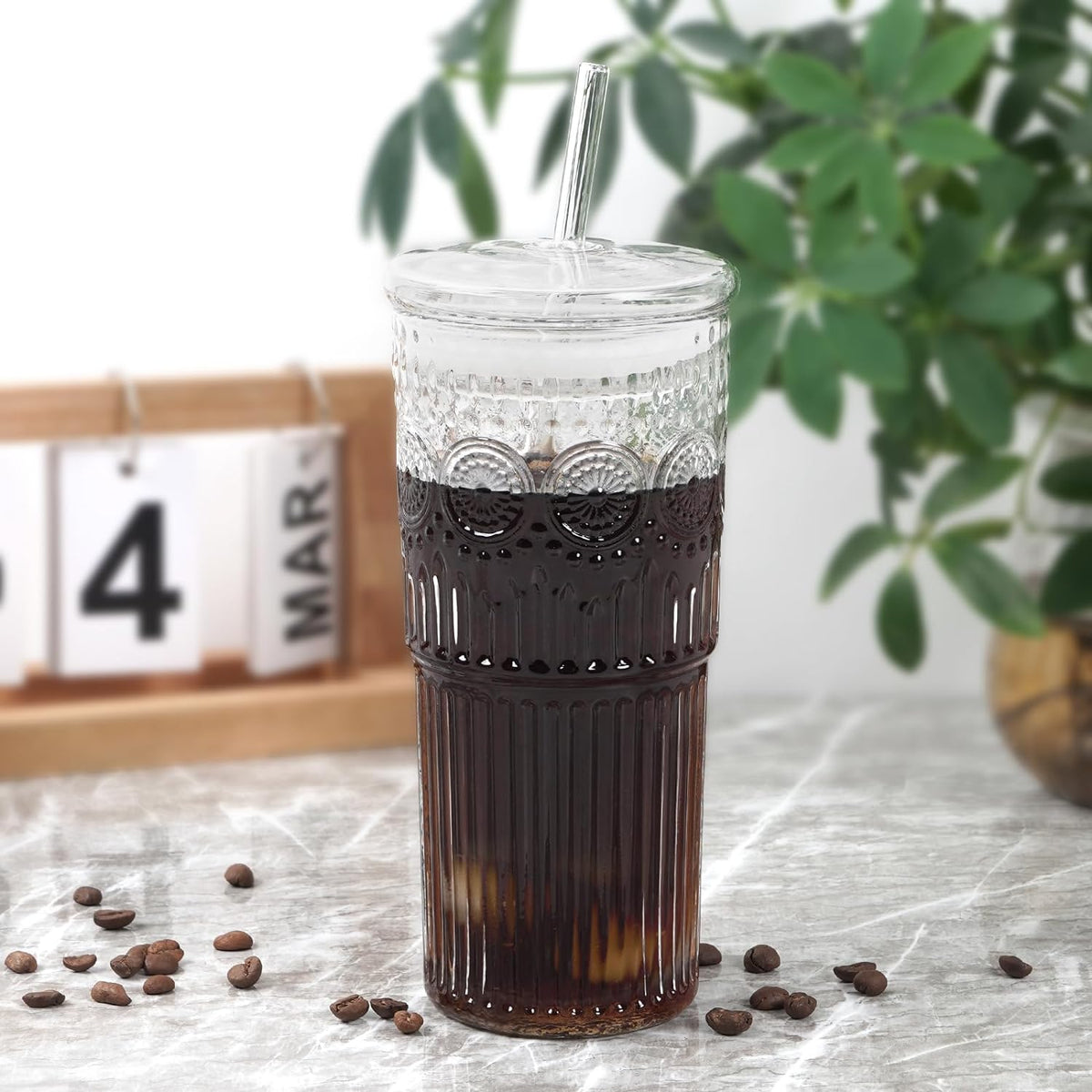 Bandesun All Glass Iced Coffee Cup With Lids and Straws?24 OZ High Borosilicate Glass Tumbler for Water Smoothie Juice Drinks