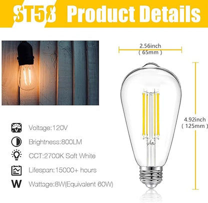 DAYBETTER 4 Pack Vintage LED Edison Bulbs, E26 Led Bulb 60W Equivalent, Dimmable Led Light Bulbs, High Brightness 800 LM Warm White 2700K, ST58 Antique LED Filament Bulbs, Clear Glass Style for Home