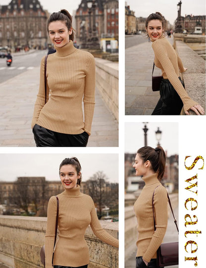 v28 Turtleneck Ribbed Sweaters for Women Cute Sexy Knitted Warm Fitted Sweater