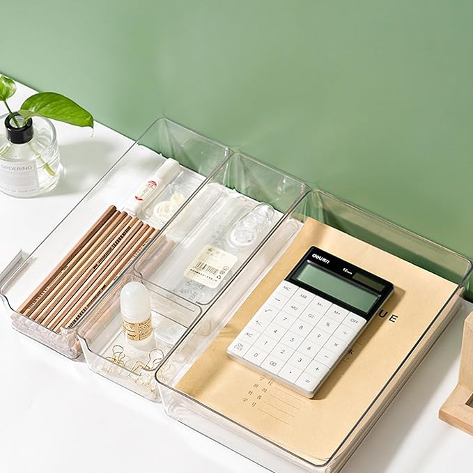 BILIKEYU Clear Plastic Drawer Organizer Set: 4 Sizes, Desk Drawer Divider, Makeup, Jewelry, Kitchen, Bedroom, Bathroom Organizer