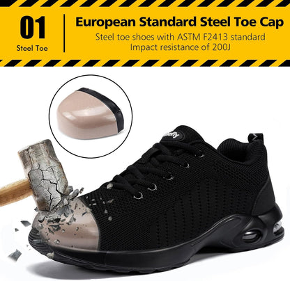 Steel Toe Shoes for Women Lightweight Safety Shoes Air Cushion Comfortable Slip Resistant Indestructible Womens Puncture Proof Work Sho