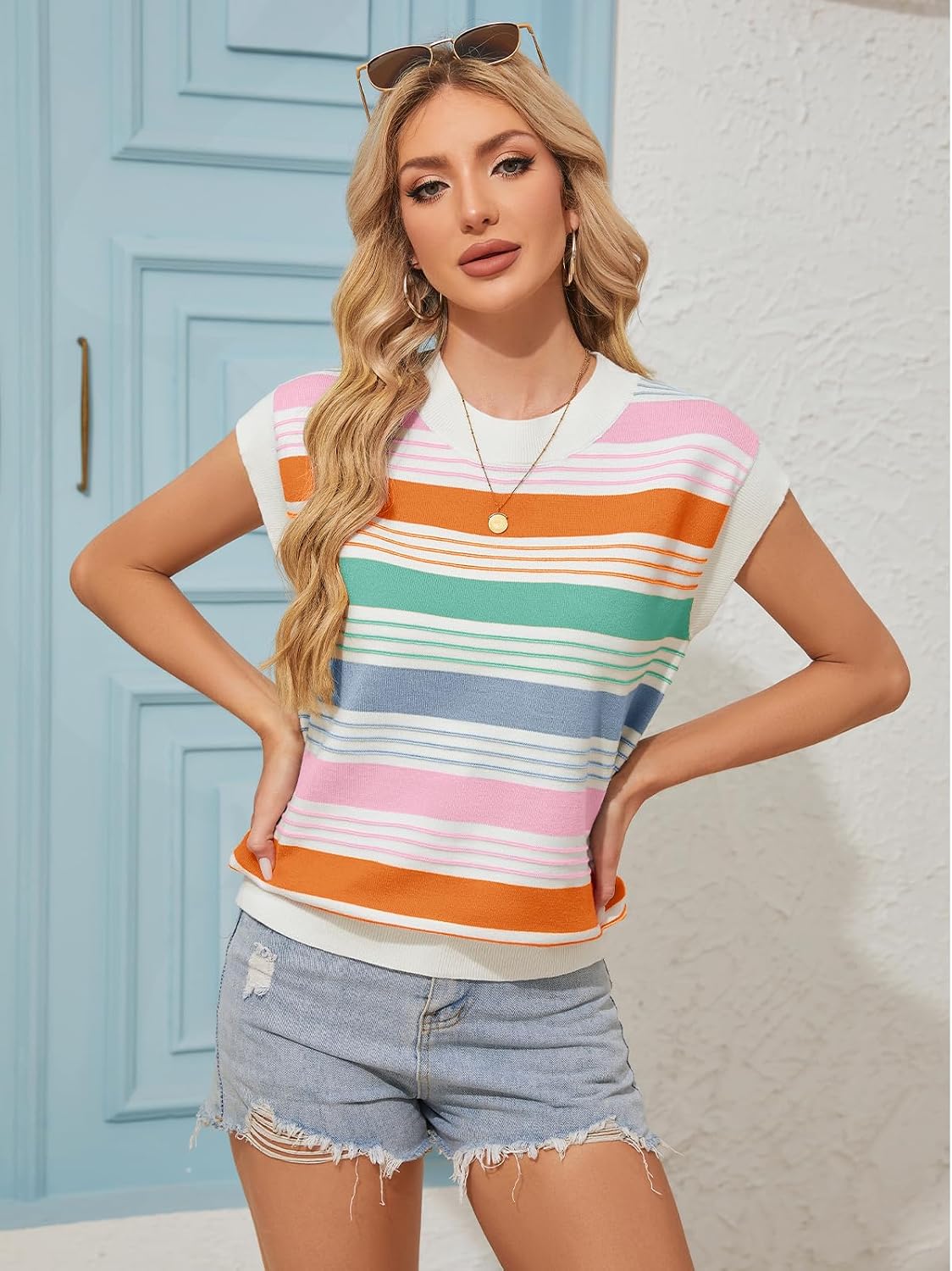 FireSwan Womens Cap Sleeve Sweater Vest Striped Color Block Loose Tank Tops Trendy Vacation Outfits Cute Summer Spring Top