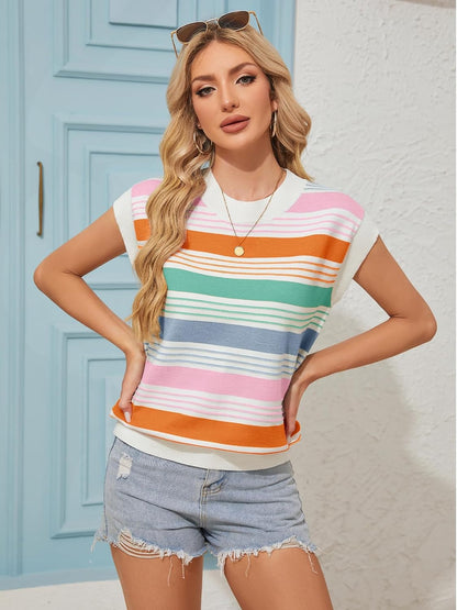 FireSwan Womens Cap Sleeve Sweater Vest Striped Color Block Loose Tank Tops Trendy Vacation Outfits Cute Summer Spring Top