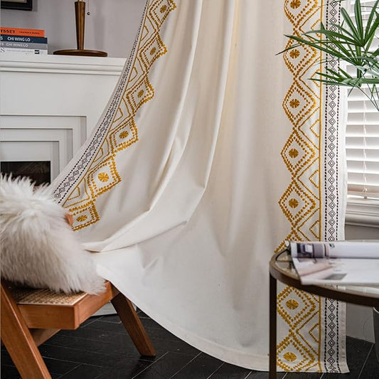 ColorBird Boho Curtains Embroidered Light filterring for Living Room,84 inch Length 2 Panels Set Yellow Farmhouse Bedroom Curtain, Cotton Rod Pocket Window Drapes for Dining Living Room