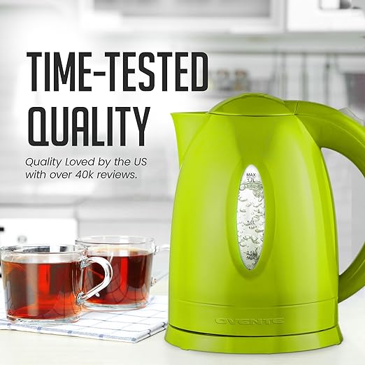 OVENTE Electric Kettle, Hot Water, Heater 1.7 Liter - BPA Free Fast Boiling Cordless Water Warmer - Auto Shut Off Instant Water Boiler for Coffee & Tea Pot - Green KP72G
