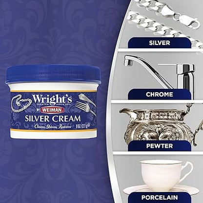 Wright's by Weiman Silver Cleaner and Polish Cream with Polishing Cloth, Ammonia-Free, Gently Clean  Remove Tarnish without Scratching