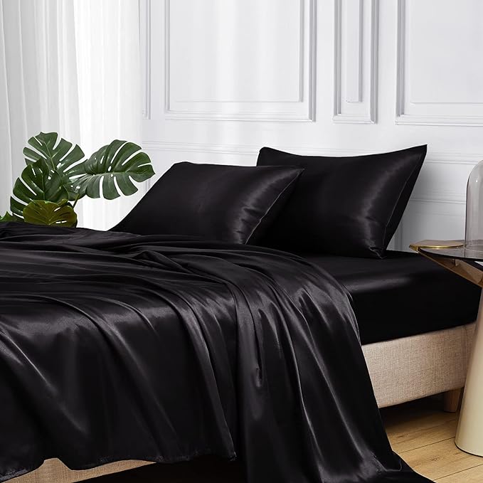 MRHM Satin Bed Sheets, Queen Size Sheets Set, 4 Pcs Silky Bedding Set with 15 Inches Deep Pocket for Mattress (Queen, Black)