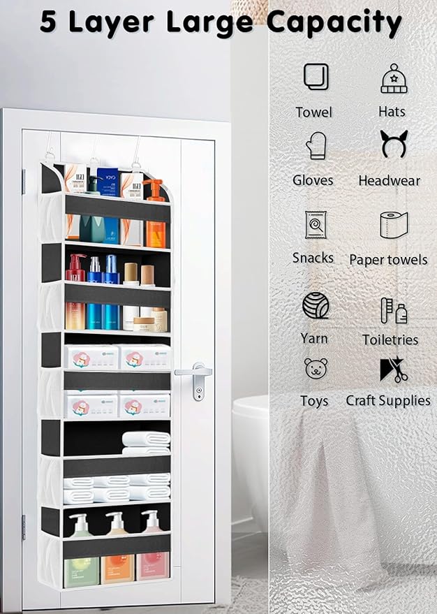 1 Pack Over The Door Organizer, Bathroom Organizers and Storage with 5 Pockets 10 Mesh Pockets, 50 lbs Weight Capacity Stuffed Animal Storage for Nursery Newborn Baby Essential