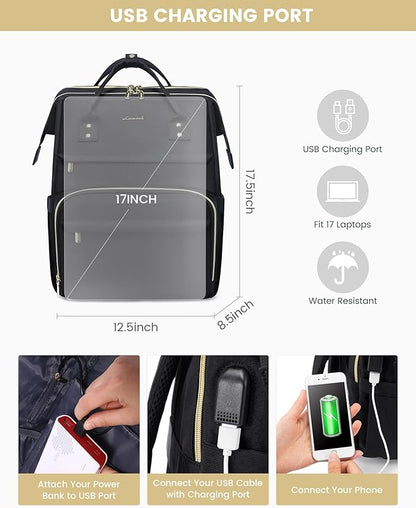 LOVEVOOK 17.3 Inch Laptop Backpack, Large Travel Backpack for Women, Water Resistant Teacher Backpack with Laptop Compartment, Professional Business Work bags with Charger, Black