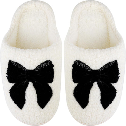 Size 9-10. HAJOYHA Christmas Slippers for Women Men, Soft Slip-On House Winter Plush Fluffy Cute Slippers for Holiday Xmas Bedroom Indoor Outdoor Use(Bowknot,Gingerbread)