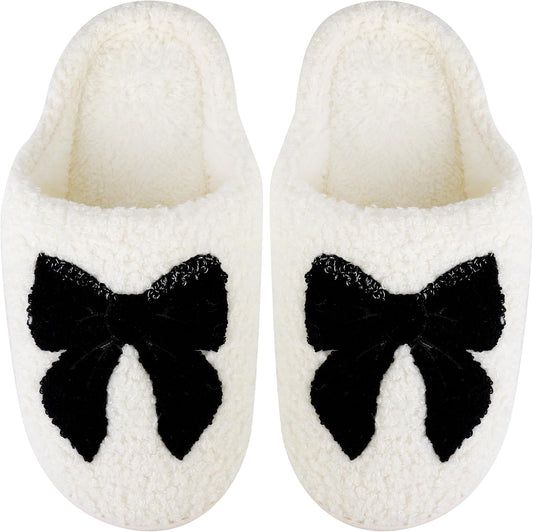 Size 9-10. HAJOYHA Christmas Slippers for Women Men, Soft Slip-On House Winter Plush Fluffy Cute Slippers for Holiday Xmas Bedroom Indoor Outdoor Use(Bowknot,Gingerbread)