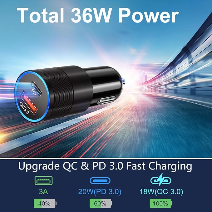 USB C Car Charger 5 Pack, 36W Dual 12V USB C & USB A Car Charger Adapter QC+PD 3.0 Fast Charging, Cigarette Lighter USB Charger, for iPhone 17 16 15 14 13 12 Pro,Samsung S26 S25 S24, Android Phone