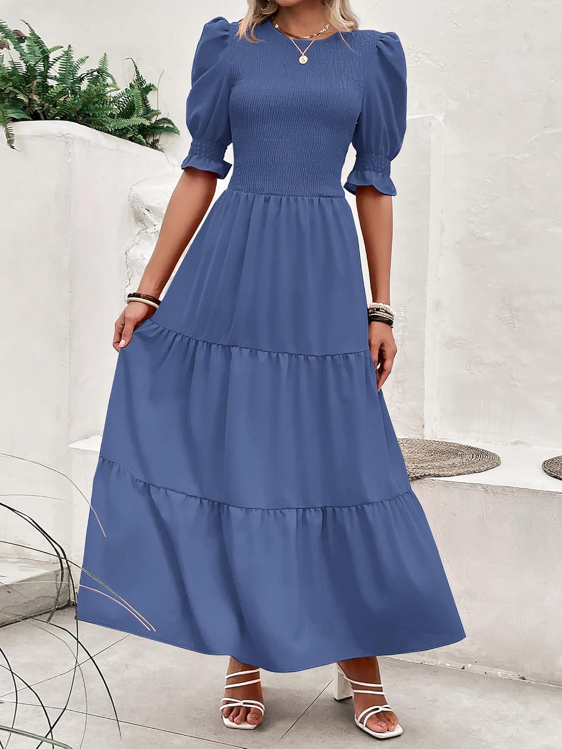 BTFBM Women Casual Summer Dresses 2026 Spring Crew Neck Ruffle Short Sleeve Smocked Floral Boho Flowy Maxi Dress Clothes