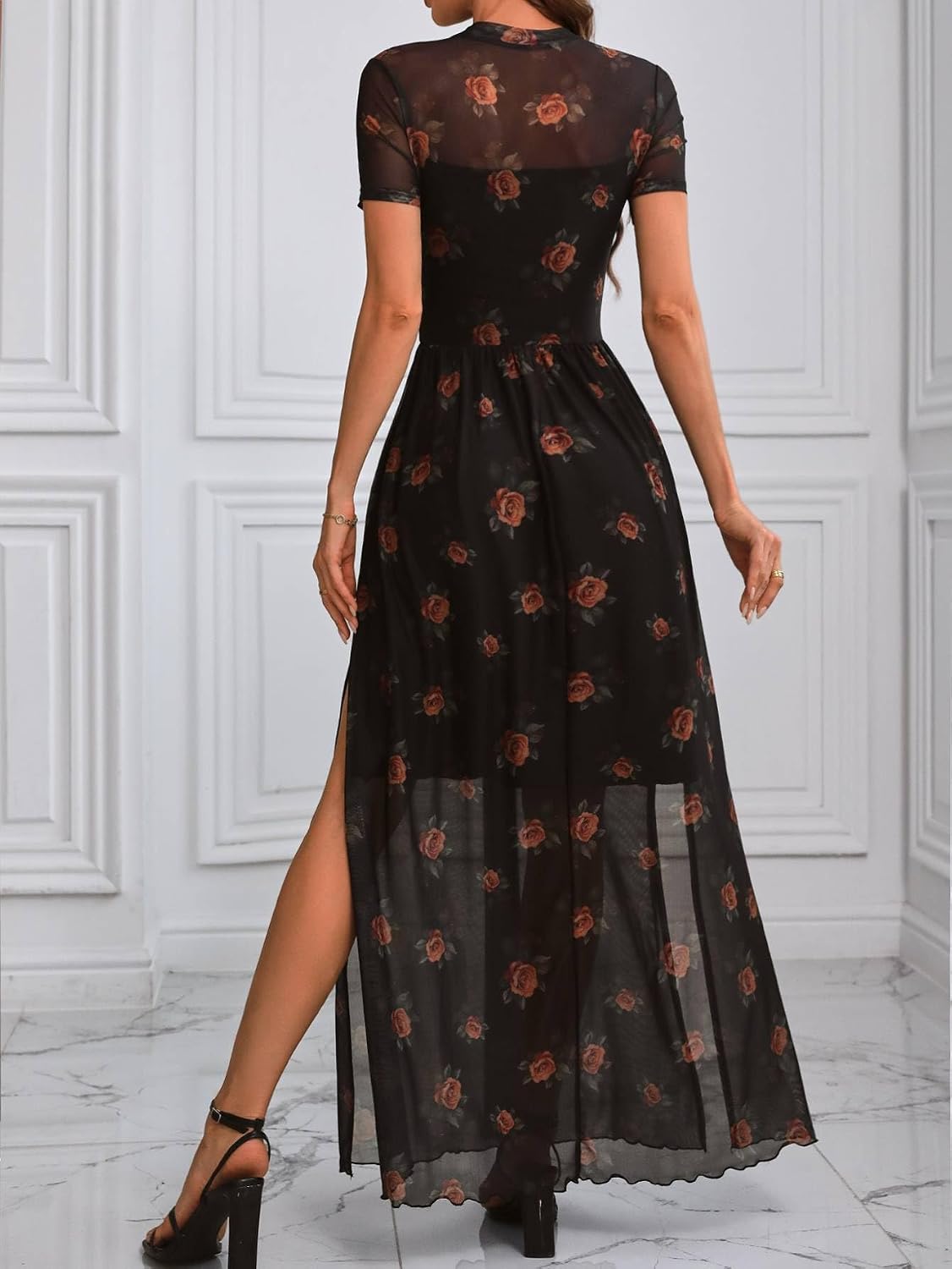 Floral print dress with mesh fabric and waist-cinched silhouette, suitable for various occasions. It's a popular product!