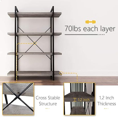 45MinST 4-Tier Vintage Industrial Style BookcaseMetal and Wood Bookshelf Furniture for Collection, Gray Oak, 345 Tier (4-Tier)